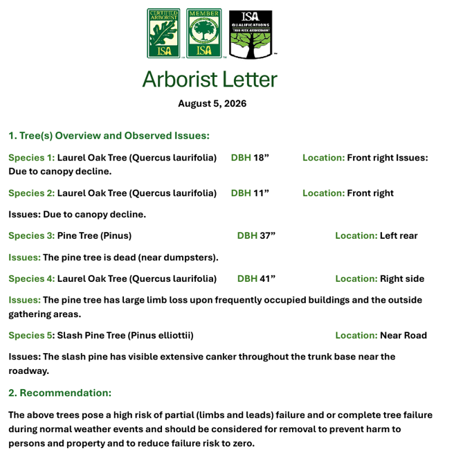 Sample 904Tree.com ISA Certified Arborist Letter showing tree species, DBH, location, issues and removal recommendation